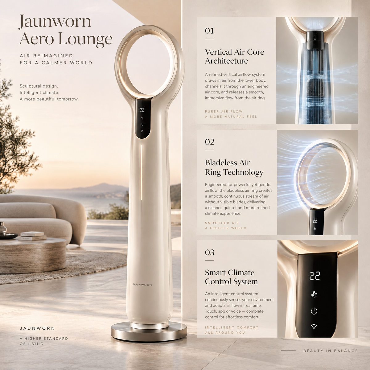 Jaunworn Aero Lounge™ Bladeless Tower Fan | Luxury Smart Floor Air Circulator